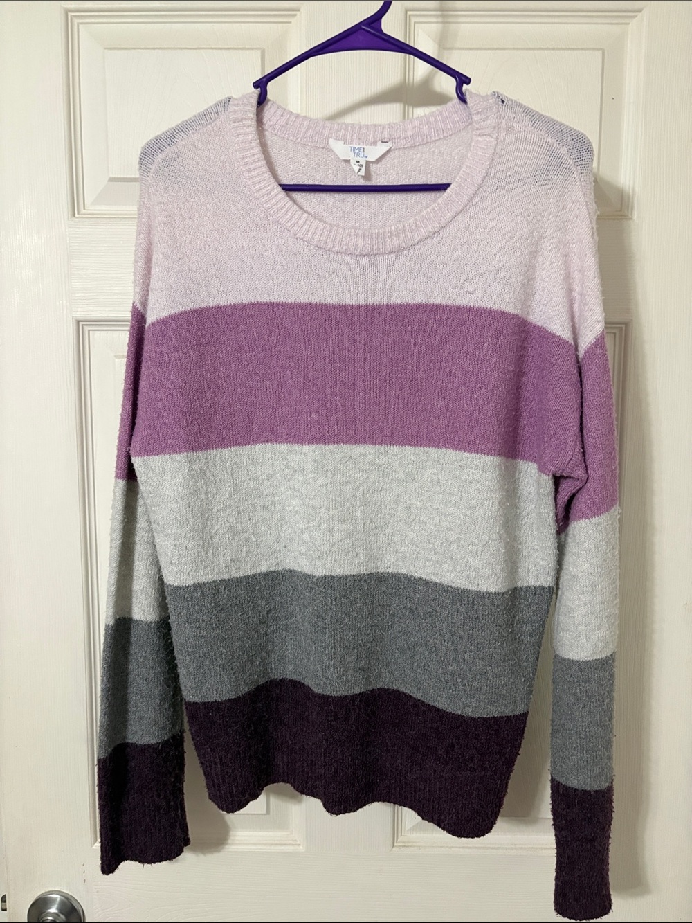 Time and Tru Lavender, Mauve and Gray Striped Crewneck Sweater